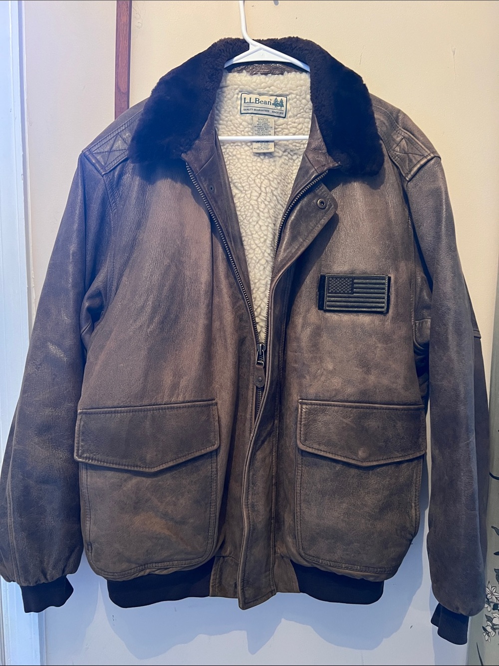 L.L. Bean Brown Leather Bomber Jacket with Dark Fur Collar